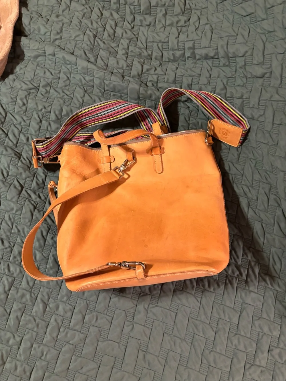 Consuela Diego Sling Tan Leather Backpack with Multicolor Striped Strap